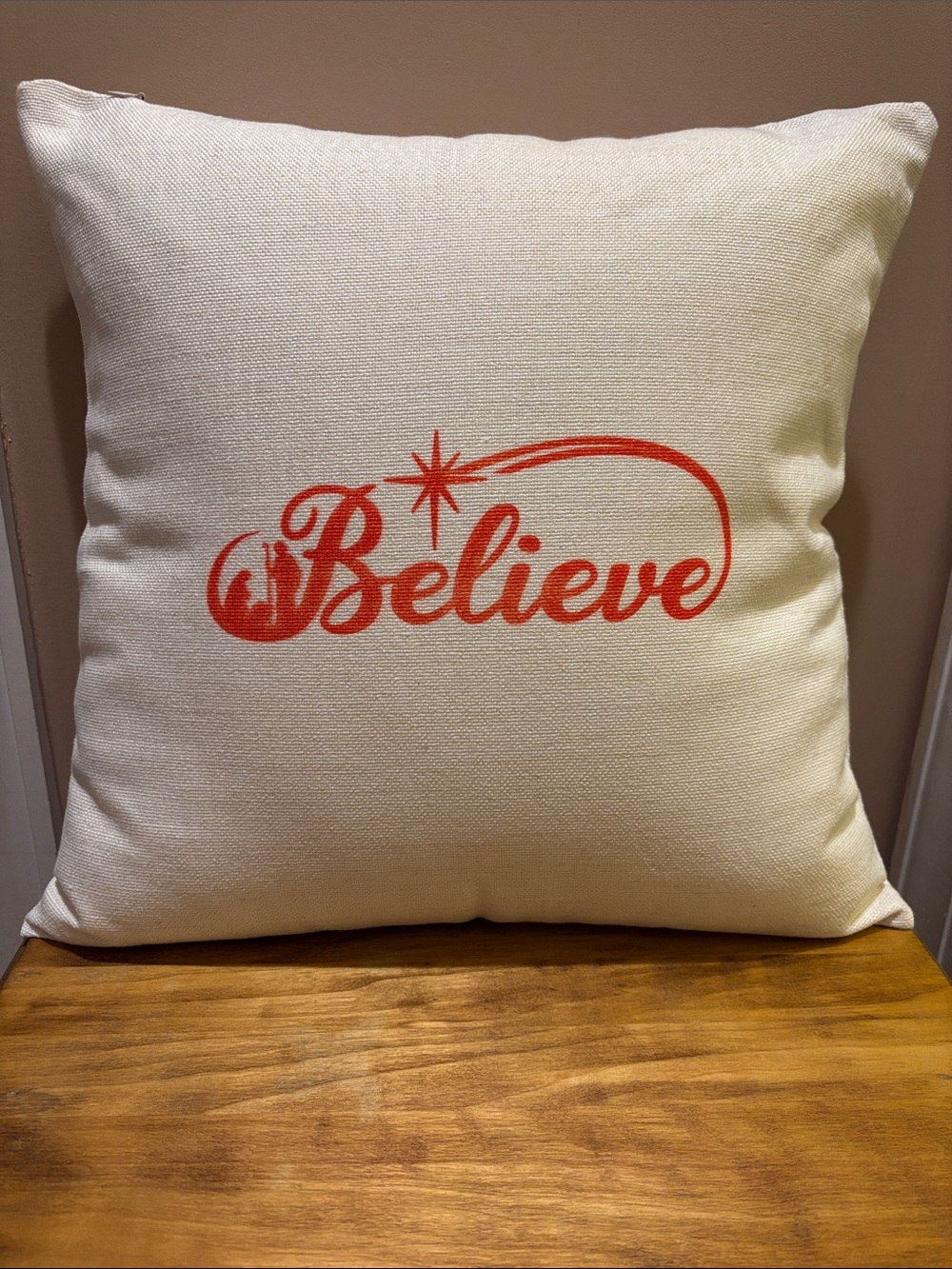 Believe - Christmas Throw Pillow with Mary, Joseph and Jesus accent image
